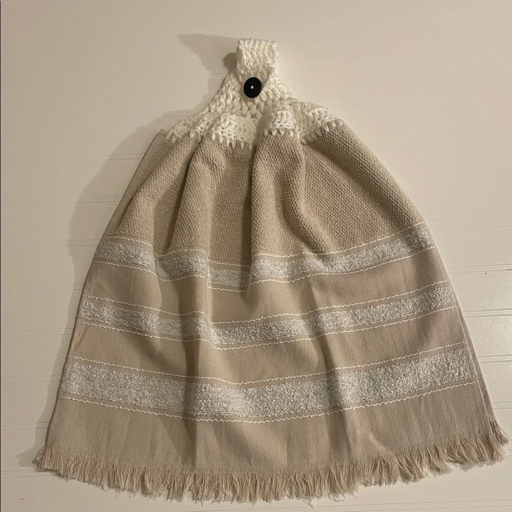 New Hanging Hand Towel Crocheted Top Kitchen Towel Tan Button Closure